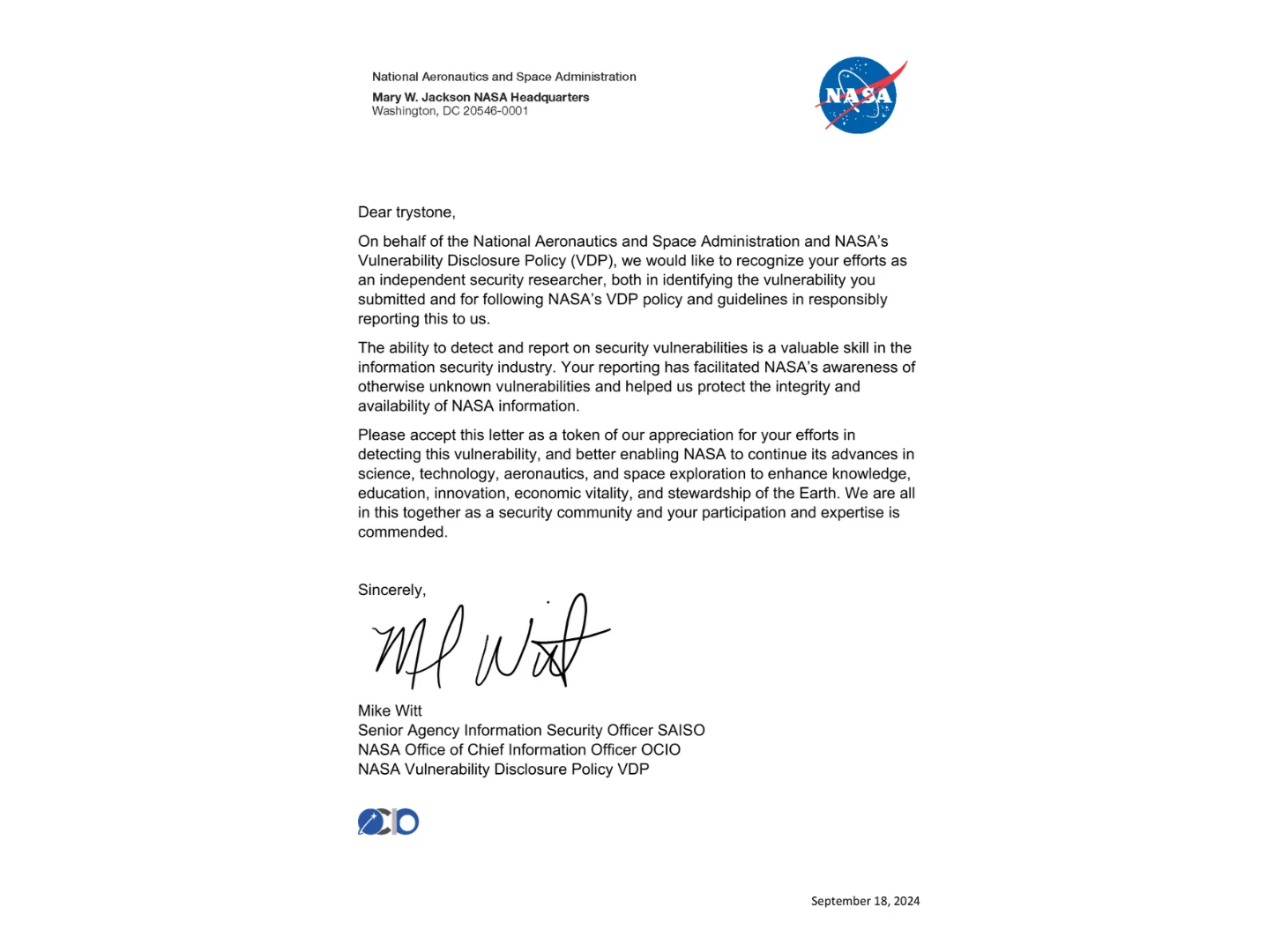 NASA Hall of Fame certificate